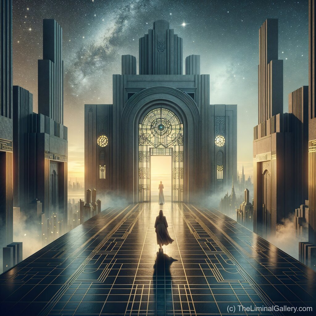 A radiant horizon marking the threshold to eternity, with surreal liminal beauty and infinite possibilities inspired by Art Deco and fantasy themes.